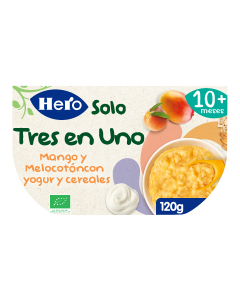 Tarrina Hero Solo 3 en 1, Mango, Melocotón con yogur y cereales con trocitos